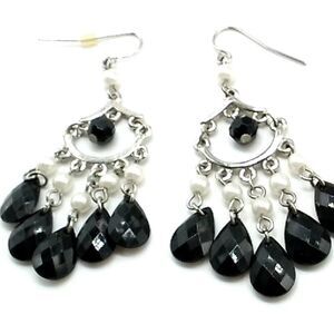 Dangle Earrings Black Faceted Bead White Faux Pearl Silver-tone Chandelier